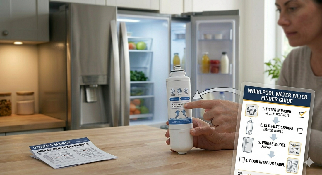 A woman points to a generic refrigerator filter's label next to a matching interactive 'Whirlpool Water Filter Finder Guide'.