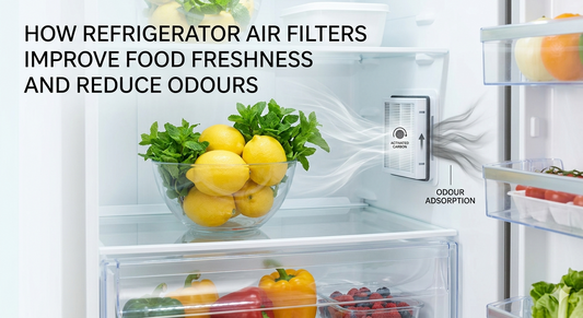 Inside a clean refrigerator showing how an activated carbon filter absorbs odors near a bowl of lemons and mint.