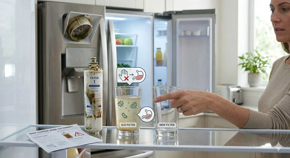 A side-by-side comparison of a dirty, neglected water filter next to a clean glass of water and a new replacement filter.