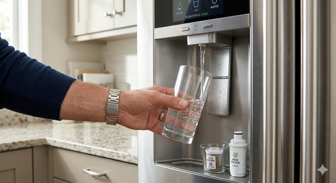 A man holding a clear glass of water under a stainless steel refrigerator dispenser, with a new filter and an old filter displayed in the tray below.