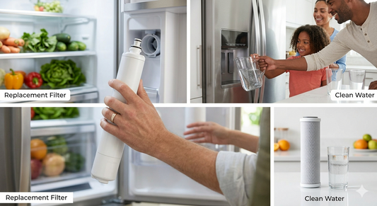 Commercial product photo showcasing the best Frigidaire refrigerator water filters for 2026, including EPTWFU01 and ULTRAWF models being installed for clean water.