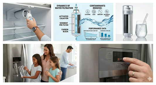 Collage showing refrigerator filter replacement, internal carbon filtration diagram, and a family using a water dispenser.