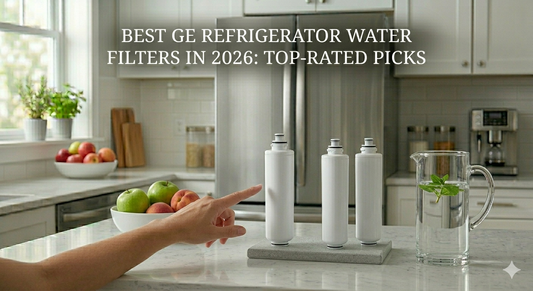 A person pointing toward multiple generic unbranded water filters on stands next to a water pitcher on a kitchen counter, below the blog title.