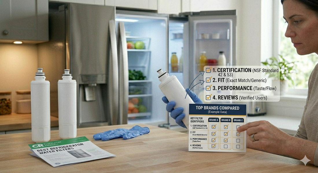 A woman uses a comparison chart and a Consumer Reports guide to evaluate the certification, fit, and performance of different refrigerator filter brands.