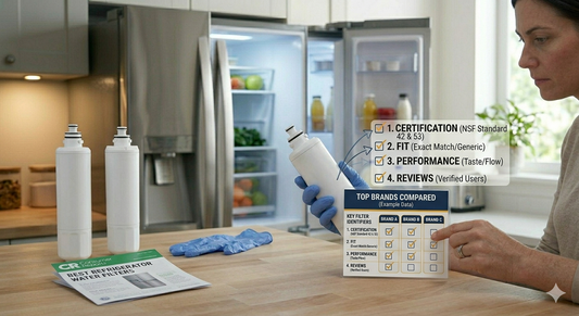 A woman uses a comparison chart and a Consumer Reports guide to evaluate the certification, fit, and performance of different refrigerator filter brands.