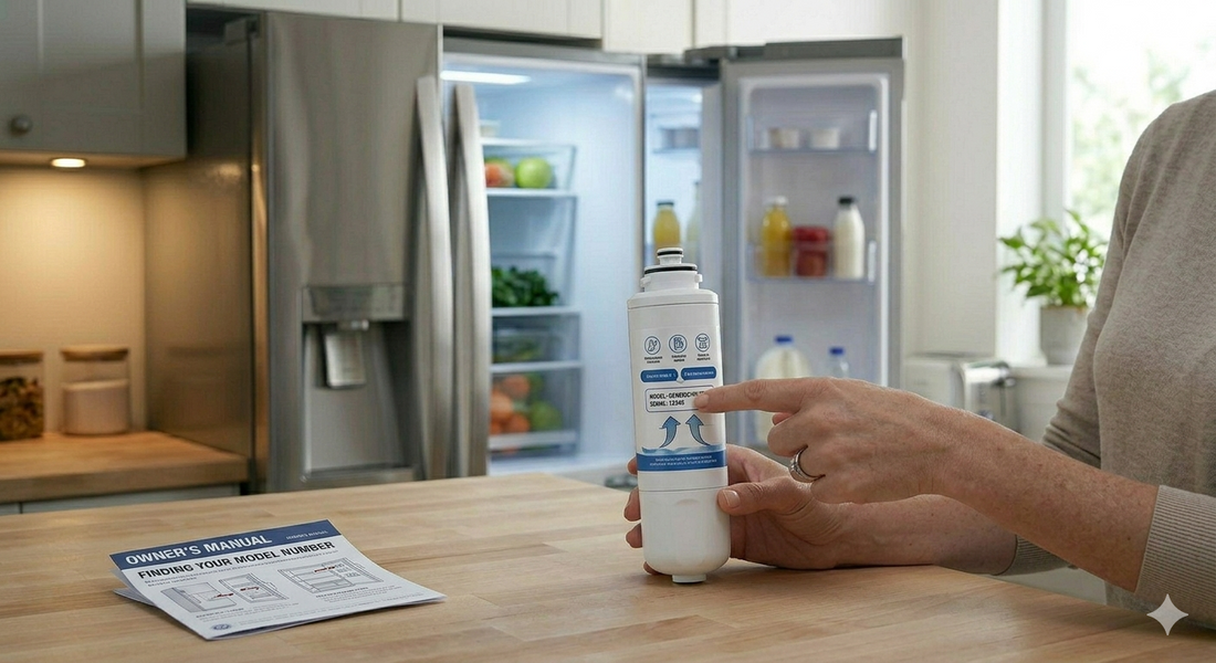 A person points to the model number "MODEL-GENEIC-HT" and serial number on a clean, white refrigerator water filter, with an owner's manual nearby.