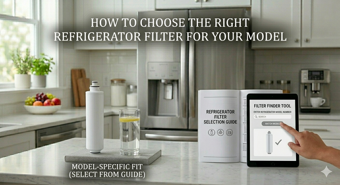 A person using a digital tablet's filter finder tool next to a refrigerator water filter and a selection guide on a kitchen counter.