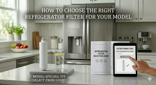 A person using a digital tablet's filter finder tool next to a refrigerator water filter and a selection guide on a kitchen counter.