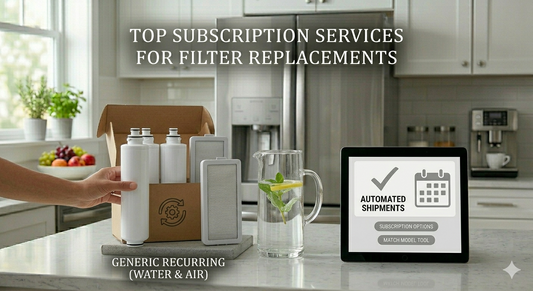A composite image showing an unbranded generic recurring filter box with water and air filters next to a tablet displaying automated shipment options in a kitchen.