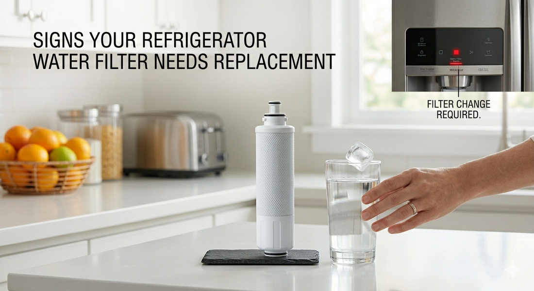 A clean kitchen scene showing a new water filter next to a glass of fresh ice water with a red filter change indicator light in the background.