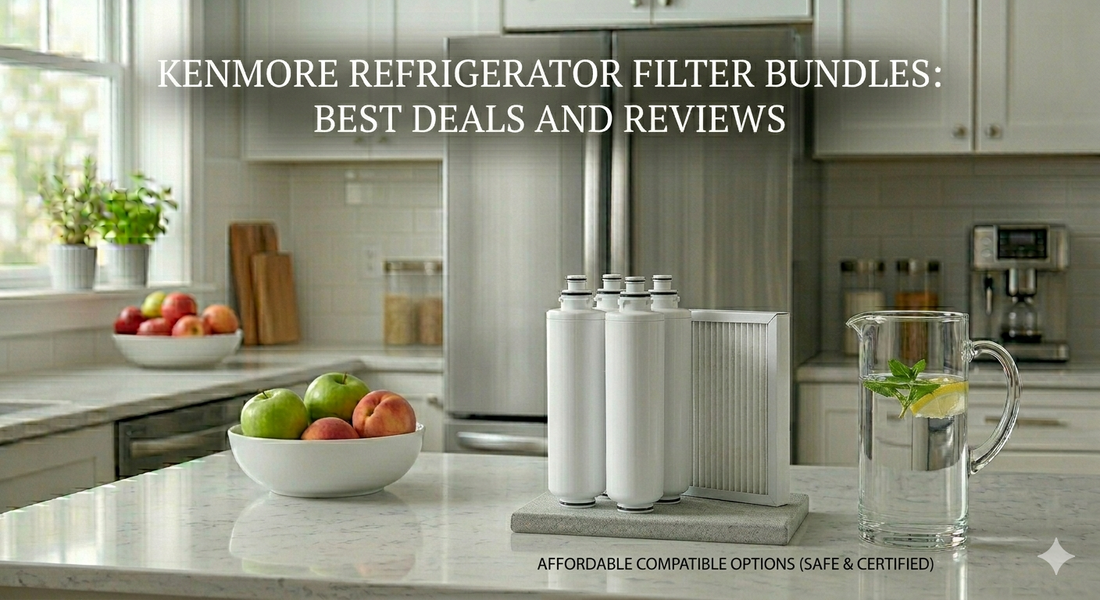 A composite image of multiple generic unbranded refrigerator water and air filters arranged neatly in a bundle on a kitchen counter.
