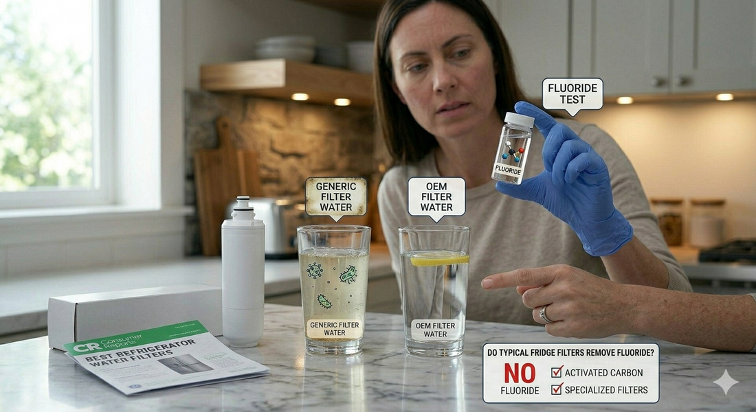 A woman in a kitchen holding a fluoride test vial while a diagram explains that typical carbon fridge filters do not remove fluoride.