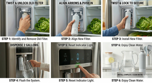 A step-by-step instructional collage showing how to remove, align, install, and flush a GE refrigerator water filter for clean drinking water.