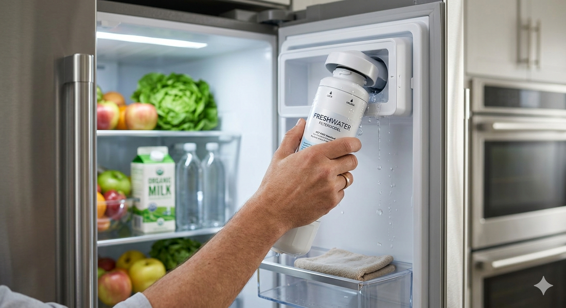 A close-up of a person's hand troubleshooting a leaking water filter inside a refrigerator, showing water droplets near the filter housing.