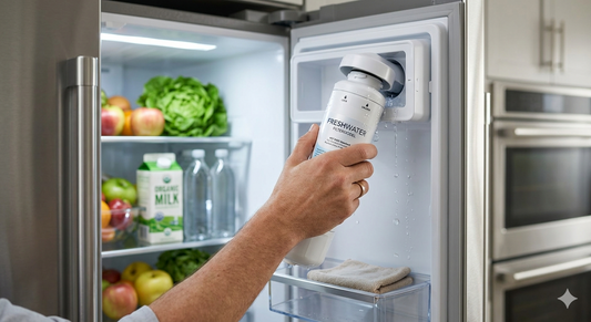 A close-up of a person's hand troubleshooting a leaking water filter inside a refrigerator, showing water droplets near the filter housing.