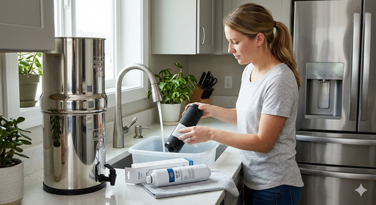 A person in a kitchen cleaning a Black Berkey filter element over a sink, with a stainless steel gravity filter system and a refrigerator in the background.