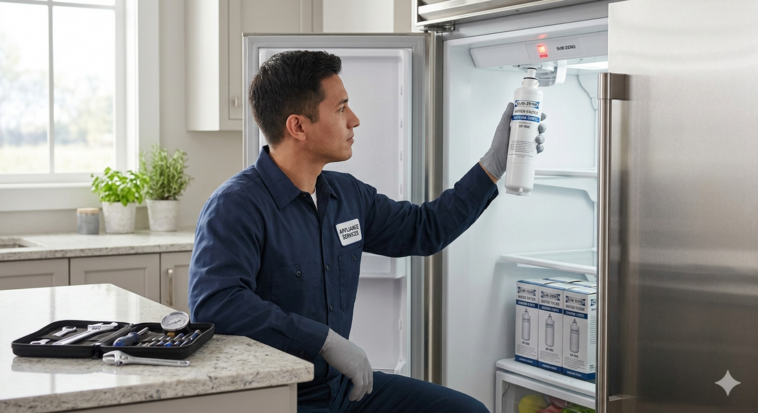 A technician in a professional uniform holding a filter and inspecting the interior of a Sub-Zero refrigerator, next to his toolkit on the counter. 