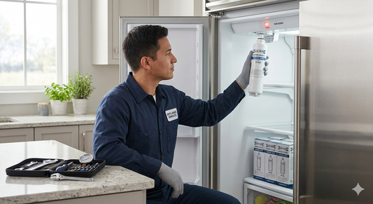 A technician in a professional uniform holding a filter and inspecting the interior of a Sub-Zero refrigerator, next to his toolkit on the counter. 