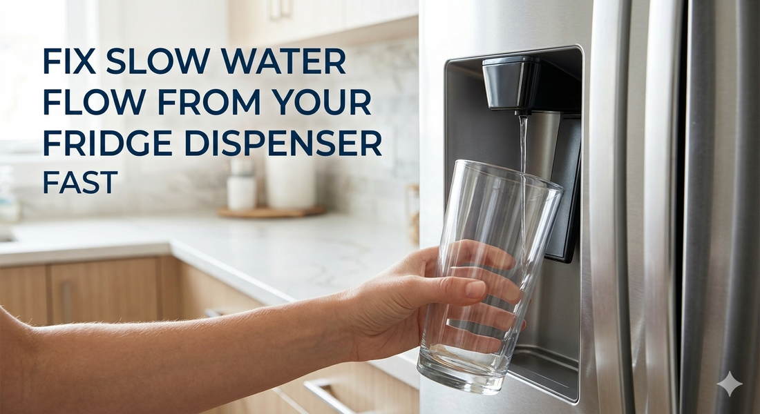 Hand holding a glass under a fast-flowing refrigerator water dispenser in a modern kitchen.