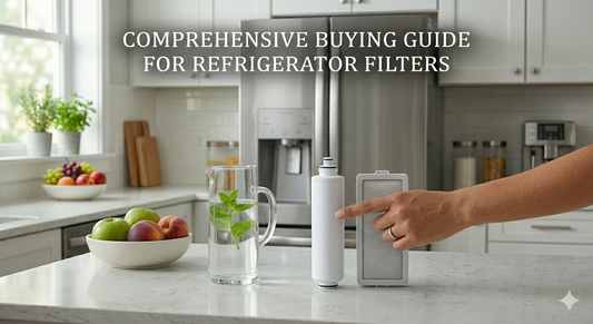 A detailed high-end photograph of a person in a kitchen choosing between a refrigerator water filter and an air filter, next to a pitcher of water with mint.
