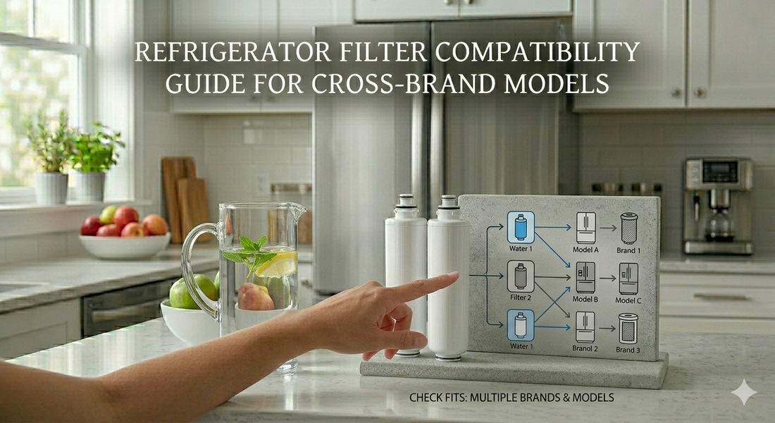 A composite image of a hand pointing at a compatibility infographic comparing generic unbranded refrigerator water and air filters next to a water pitcher on a kitchen counter.