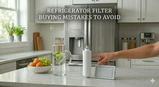 A composite image showing refrigerator water and air filters next to a pitcher of water and a bowl of fruit on a kitchen counter, highlighting selection choices.