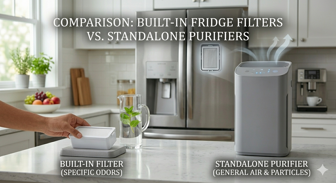 A composite image comparing a built-in refrigerator air filter (left) and a standalone air purifier (right) in a kitchen setting.
