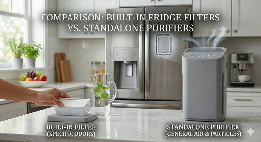 A composite image comparing a built-in refrigerator air filter (left) and a standalone air purifier (right) in a kitchen setting.