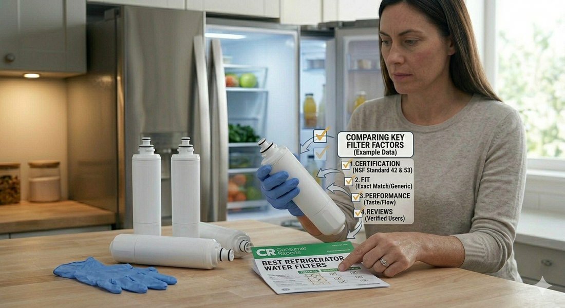 A woman uses an interactive comparison guide to examine the differences between generic and name-brand refrigerator water filters.