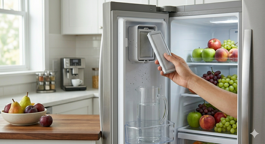 A detailed view of a hand reaching into an open stainless steel refrigerator to replace the air filter, with fruit visible on shelves.